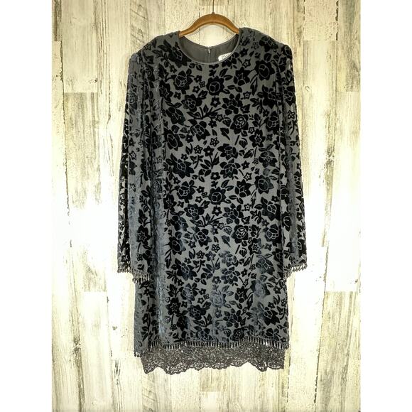 Badgley Mischka Dress Size 14 Black Floral Velvet Burnout Sheer Beaded Lace Mesh - Picture 1 of 8